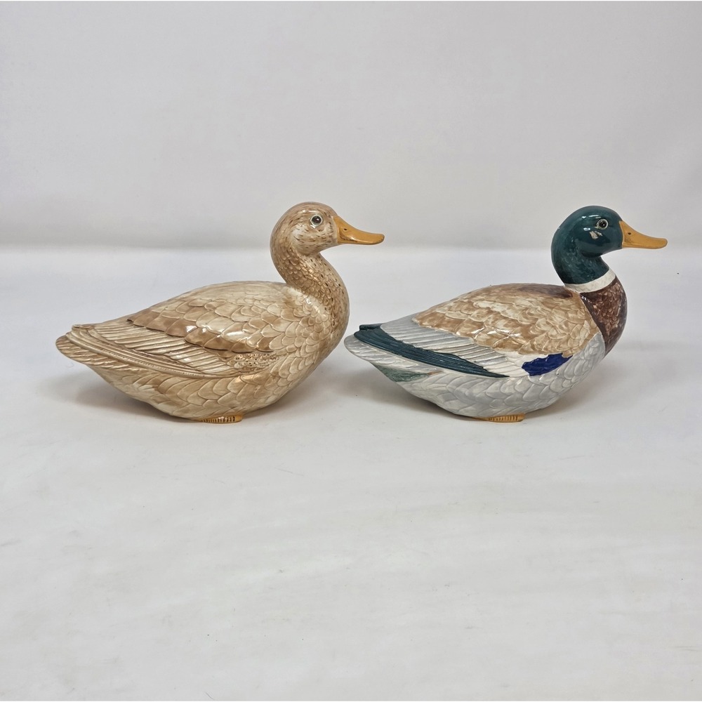Vintage 1959 Hand Painted Glazed Ceramic Mallard Duck Figurines Pair MCM Decor - Picture 7 of 12
